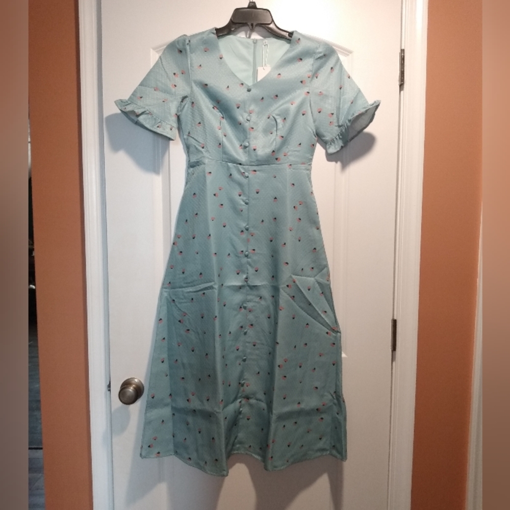 Light Blue with Yellow Blossoms Ruffled Short Sleeve Dress